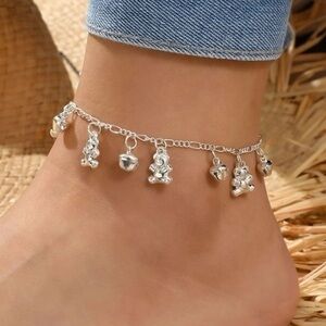 Bear and Bell Charm Anklet Silver Plated